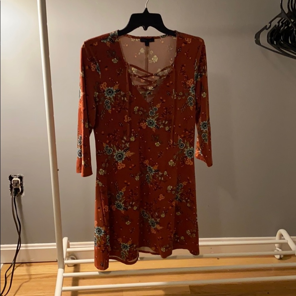 Floral Lace-up 3/4 Sleeve Dress
